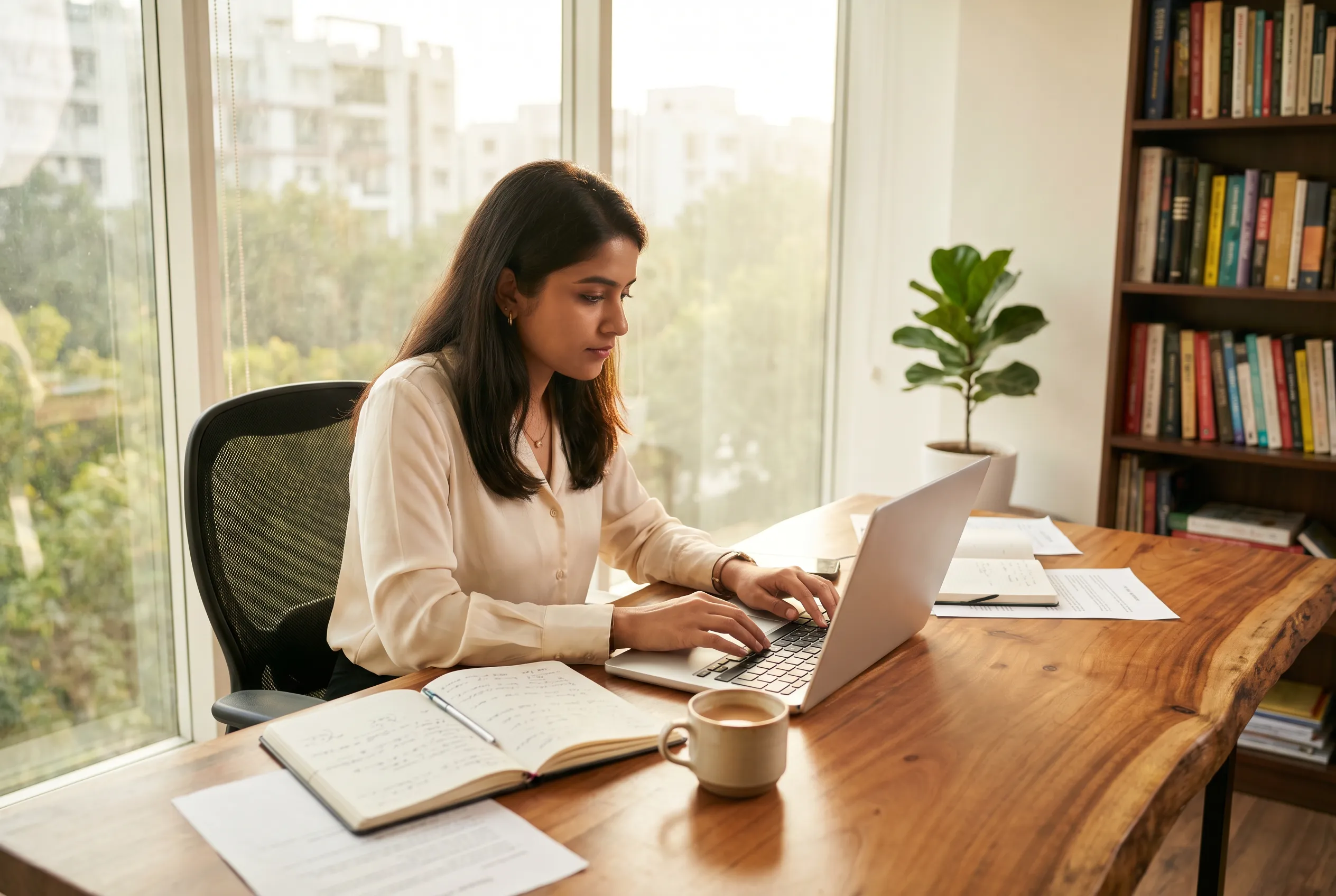 Professional copywriter working at desk in Aligarh, Uttar Pradesh office